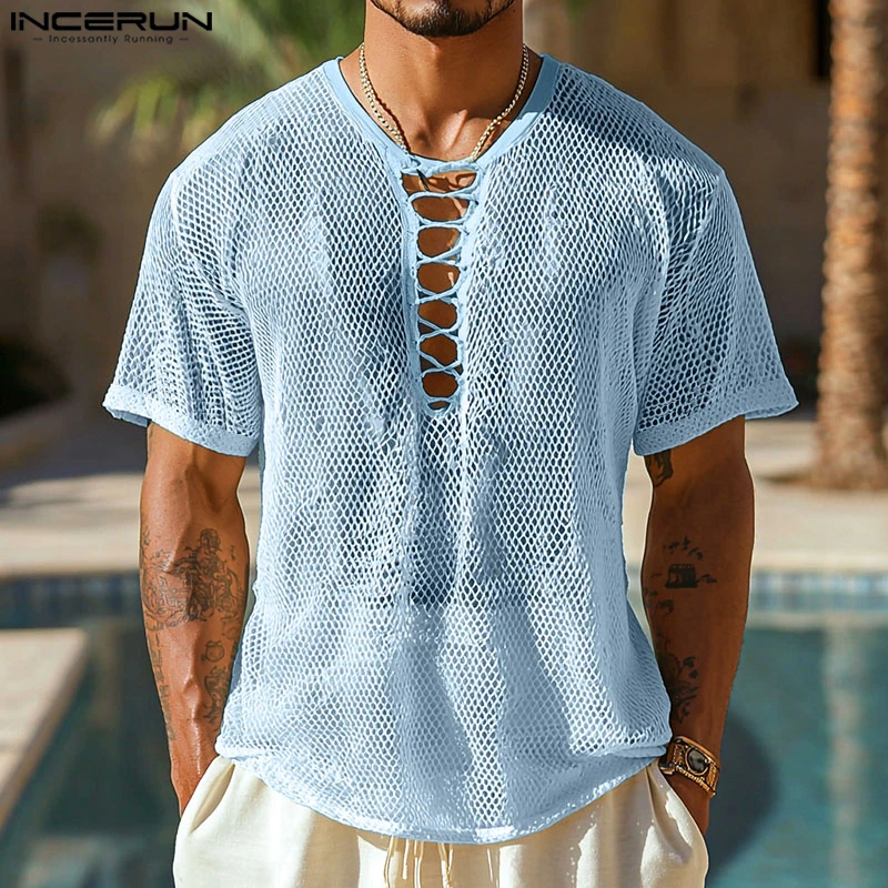 INCERUN الرجال تي شيرت بلون شبكة الجوف خارج انظر من خلال الخامس الرقبة طويلة الأكمام الذكور المحملة القمم الشارع الشهير مثير 2025 الرجال الملابس