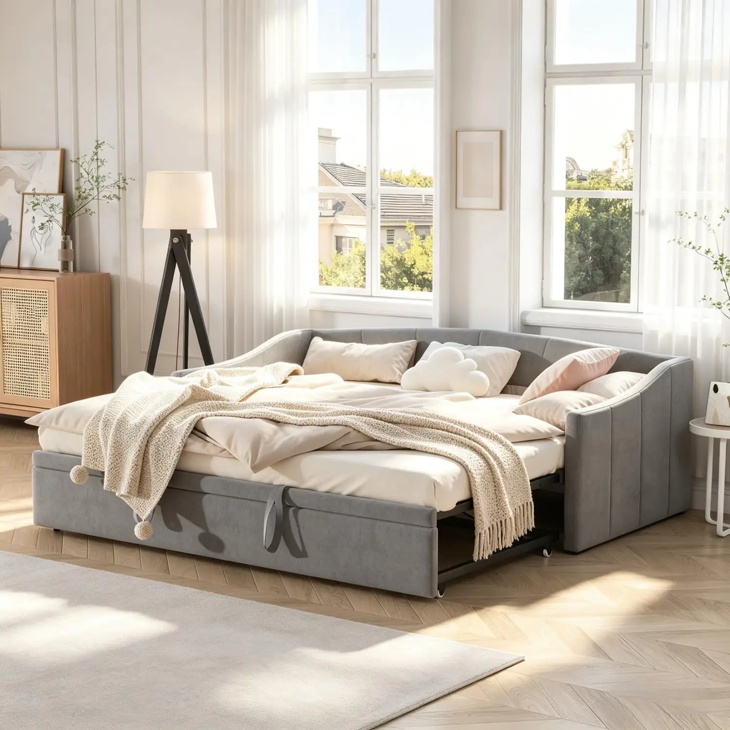 Cama Extensible Fangange con Estructura de Láminas de Madera, Cama Tapizada, Sofá Cama Extensible, 90/180x200 cm, Cama Individual/Doble