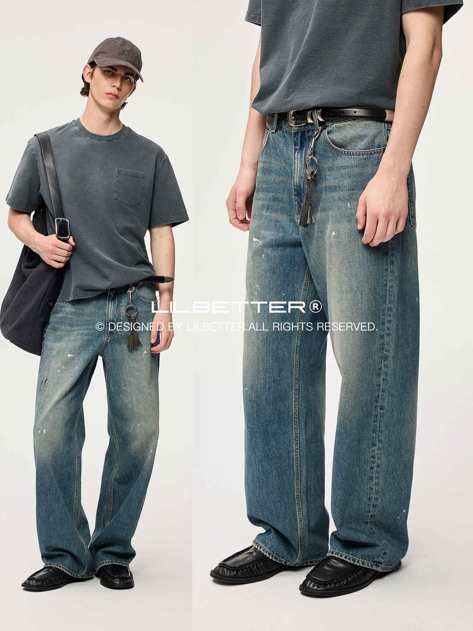 Lilbetter Vintage Washed Cotton Denim Jeans Loose Straight Leg Torn Hem Diagonal Stripe Casual Fashion Urban Style Jeans