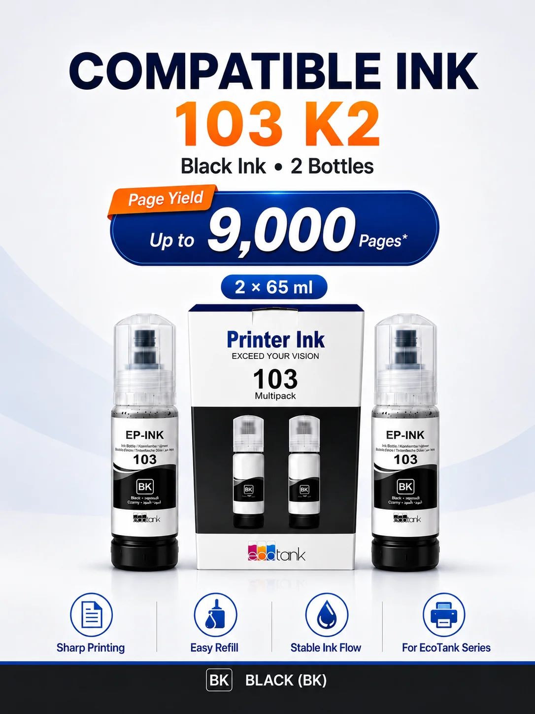 2Pcs 103 K2 Black Ink Bottle Compatible for Epson EcoTank Printer 65ml BK Refill Ink High Yield Stable Flow
