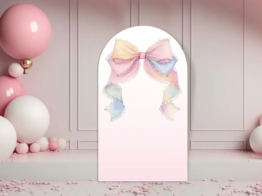 

Mehofond Custom 2-Sided Summer Pastel Rainbow Bow Girls Birthday Party Baby Shower Cover Chiara Arch Background Decor Backdrop