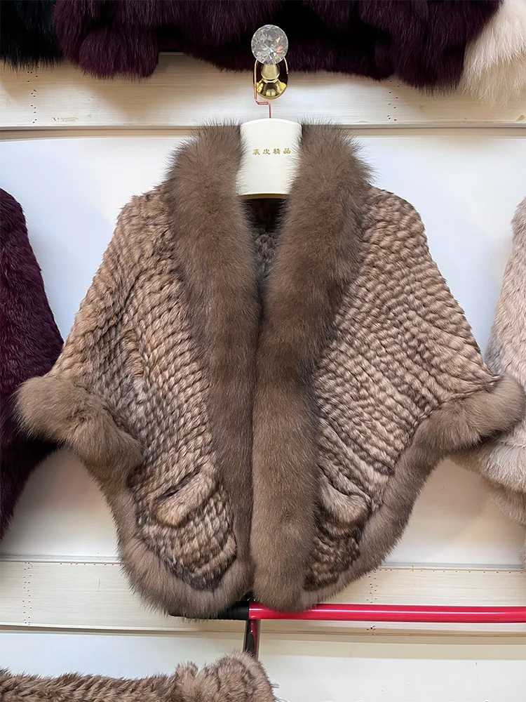 

Fashion Women Real Rabbit Fur Cape With Fox Fur Collar Knitted Cloak Rabbit Fur Winter Warm Poncho Girls Party Shawl Scarf