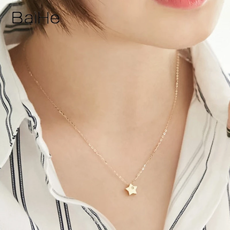 BAIHE Solid 14K Yellow Gold 0.01ct H/SI Natural Diamond Star Necklace Women Fine Jewelry Making Collar Estrella collier étoile