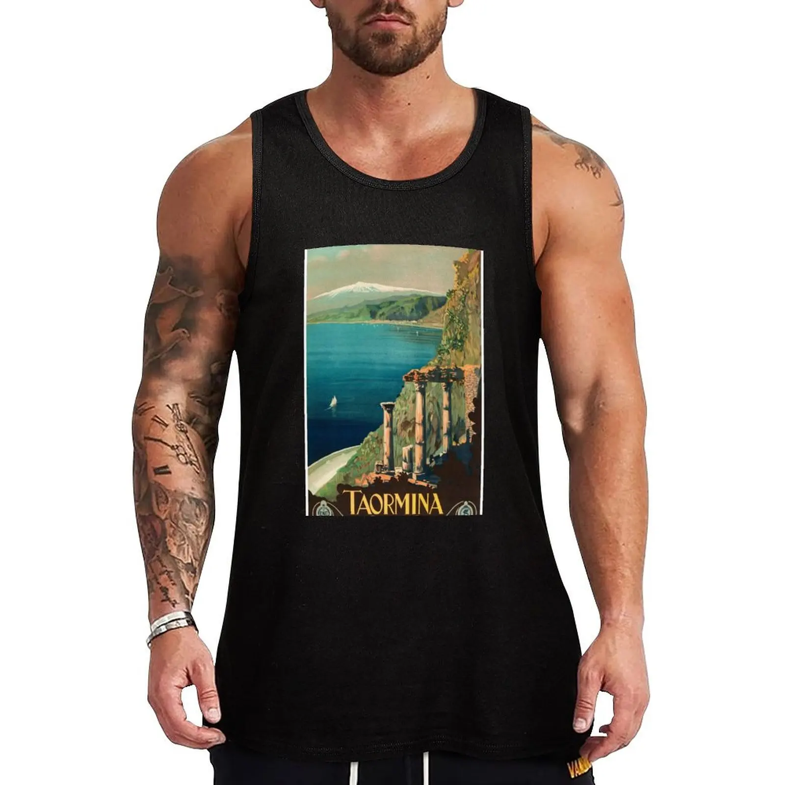 

Taormina, Italy Vintage Travel Poster Tank Top plain t-shirt training weight vest bodybuilding for men