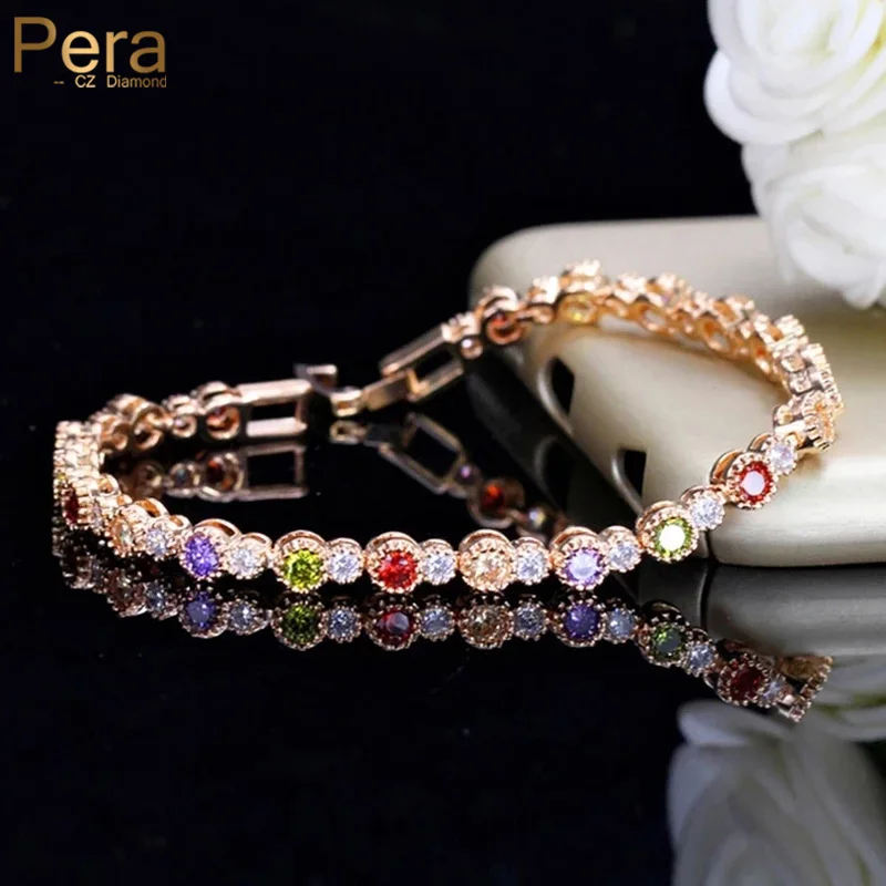 Pera Fashion Ladies Milticolor Paved Connected Round CZ Stone Rose Gold Color Tennis Bracelets for Bridesmaid Jewelry Gift B129