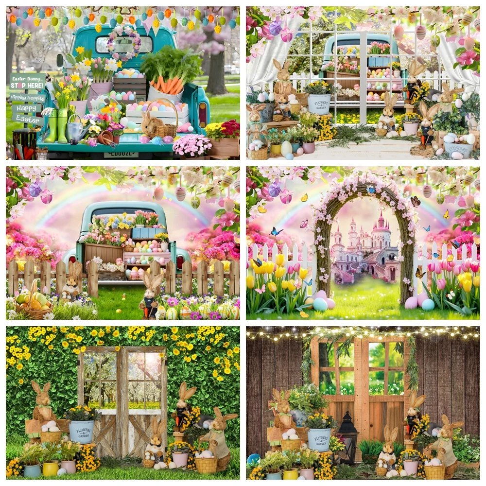 Spring Easter Backdrop Green Grass Flower Rabbit Egg Garden Floral Bunny Baby Shower Kids Birthday Easter Photography Background