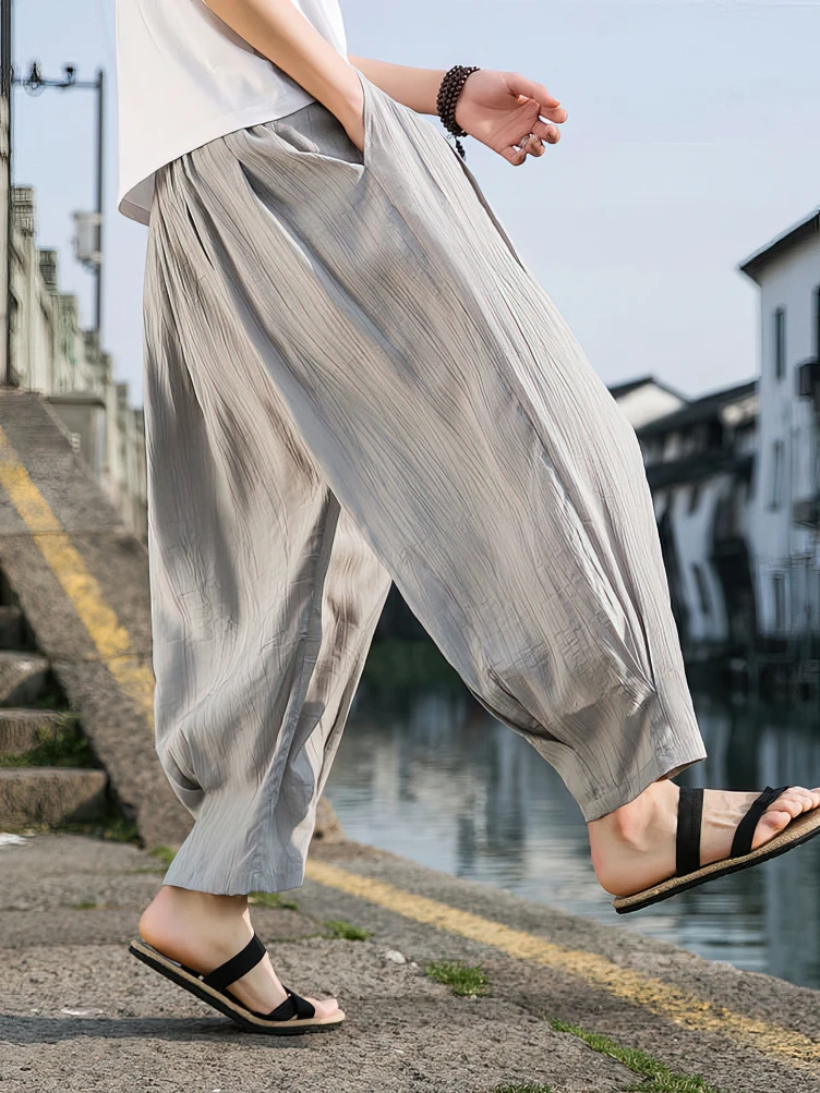 Ice Silk Casual Linen Pants Men Oversize Chinese Summer Wide leg Baggy Sweatpants Male Outdoor Sport Harem Trousers