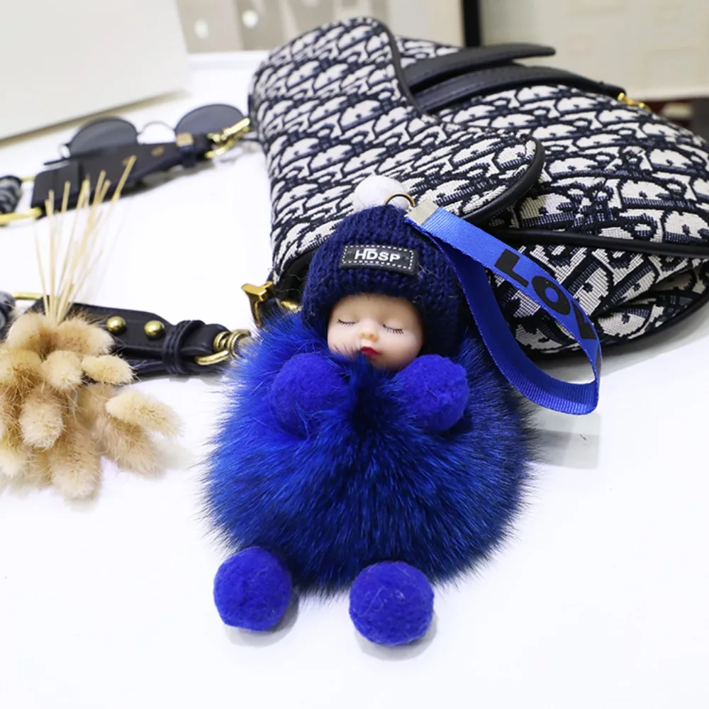 Colorful Pompom Sleeping Baby Keychain Plush Doll Pompom Cute Fluffy Plush Doll Key Chain Baby Doll Fluffy