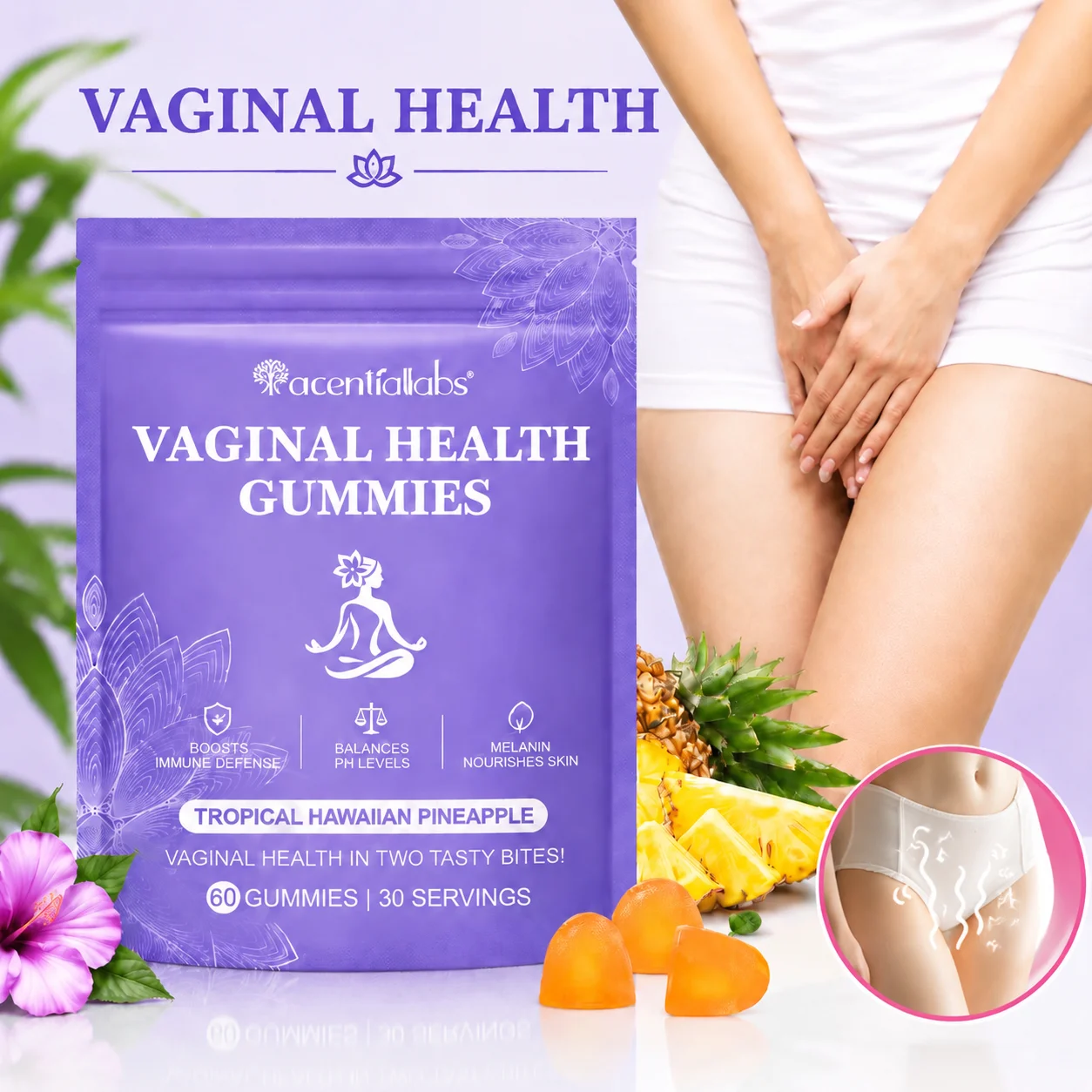 Vaginal Probiotic Gummies Regulates Menstruation PH Balance Intimate Health Bacillus Coagulans Pineapple Vitamin C 60 Gummies