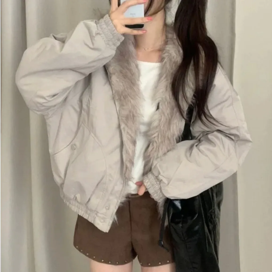 

Женское шикарное тюлевое пальто из холста с меховым воротником, свободная посадка, осенне-зимняя универсальная хлопковая одежда, длинный све