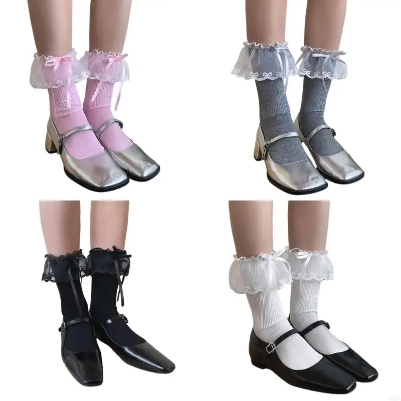 Y88A Ruffle Mesh Splicing Socks Short With Bows Dekorasi Kapur Kru Mahasiswa