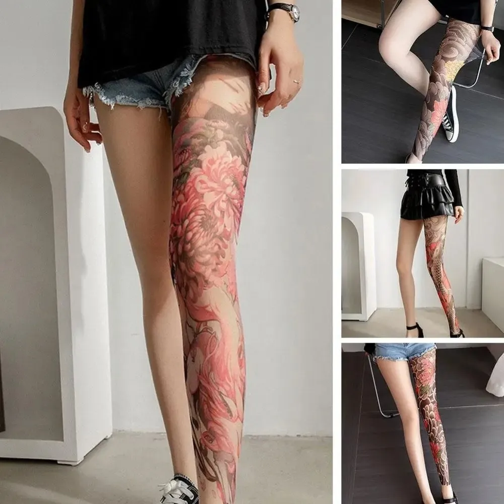 Neue Sexy Bedruckte Strumpfhose mit Fake-Tattoo-Effekt für Damen Transparente Netzstrumpfhose mit Pfingstrosen-Muster Sommer-Leggings