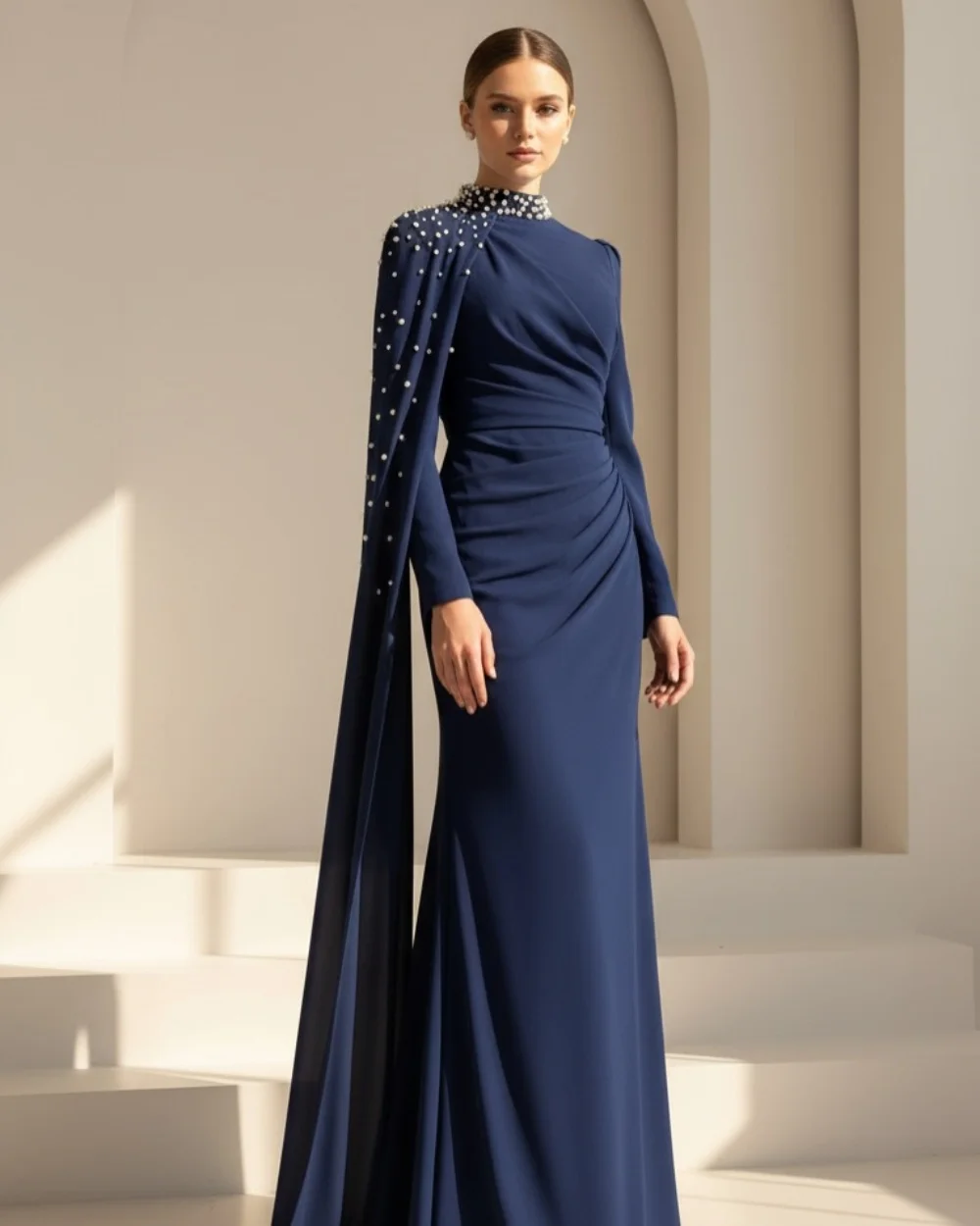 Sukienki wieczorowe dla kobiet, szyte na miarę, wykwintne, eleganckie, z dżerseju, zdobione perłami i kryształkami, drapowane, o kroju litery A, z wysokim kołnierzem, długie, modne.