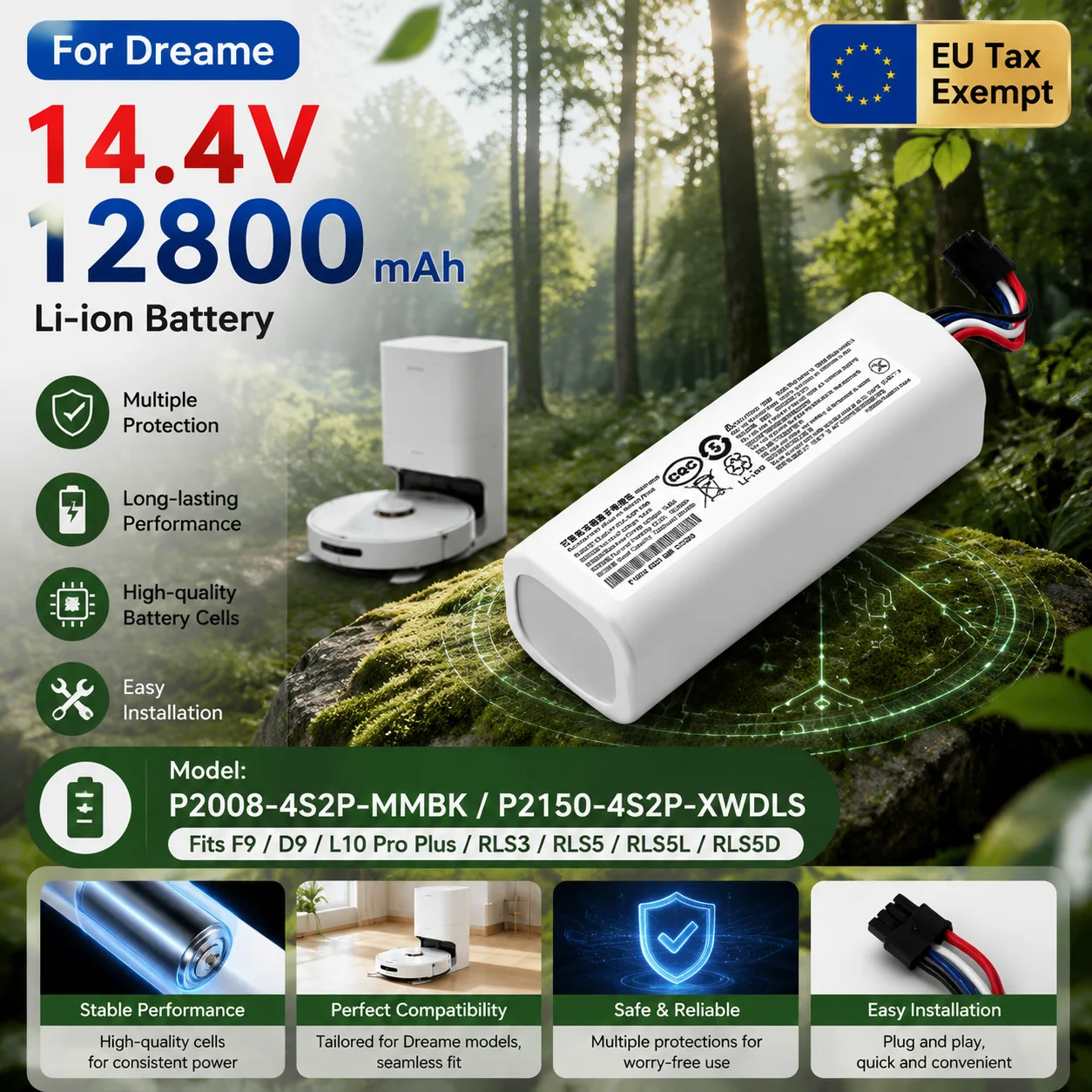 Batterie de remplacement pour aspirateur robot 14,4 V compatible avec Dreame F9 D9 L10 Pro Plus RLS3 RLS5 RLS5L RLS5D, pièces détachées