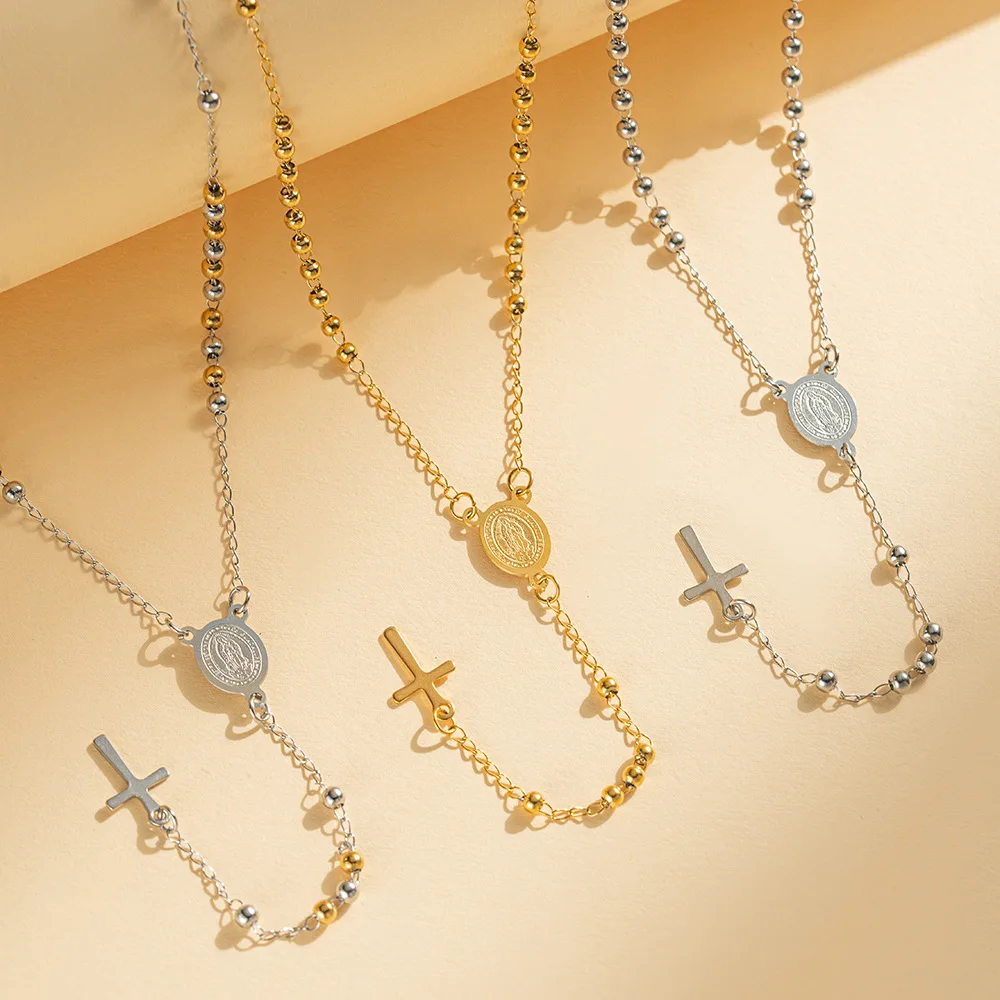 

Virgin Mary Cross Layered Necklace, Gold/Silver Beaded Chain Religious Pendant Necklace for Women