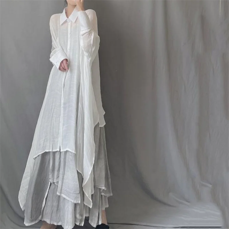 Fashionable Women's Lapel Long Sleeve Irregular Dress Mid-length Sun Protection Clothes Loose Shirt Group