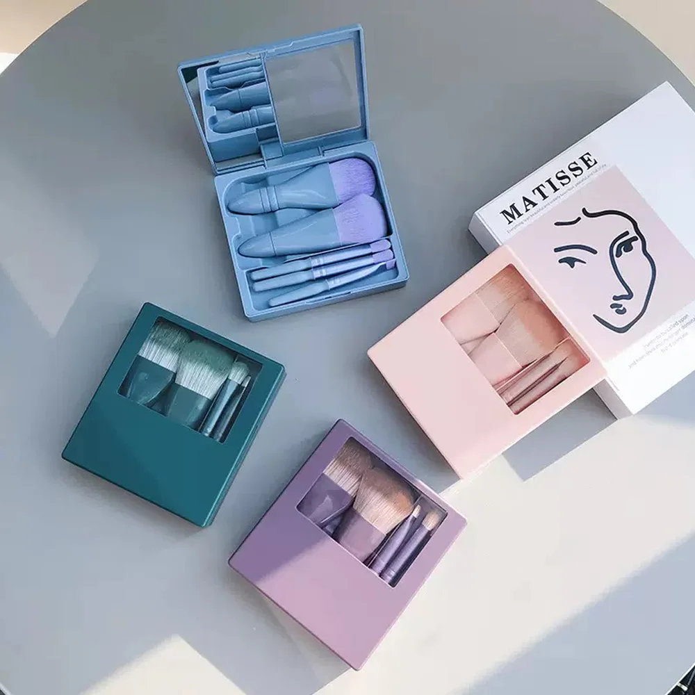 Set di pennelli per trucco portatile da 5 pezzi con specchio Pennello per ombretto multifunzionale Pennello per fondotinta Pennello per cipria Strumento di bellezza cosmetica