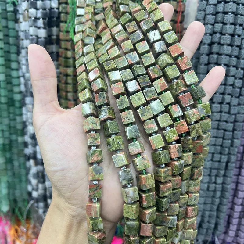 

8x8mm Square Natural drawing Stone 15" Loose Spacer Unakite for Jewelry Making Diy Earrings Bracelets Charms Accessories