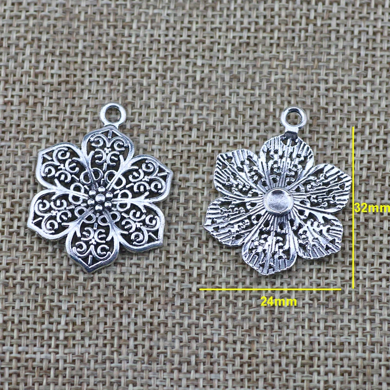 10Piece 24*32mm Antique Silver Plated  Hollow Flower Charm For Women DIY Necklace Making Retro Jewelry Pendant