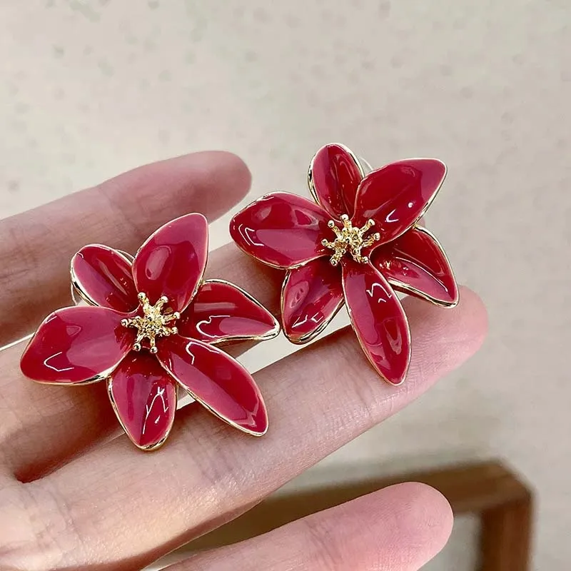 Pendientes Vintage de flor de esmalte rojo para mujer, pendientes con personalidad de aceite dulce a la moda, joyería de boda de viaje
