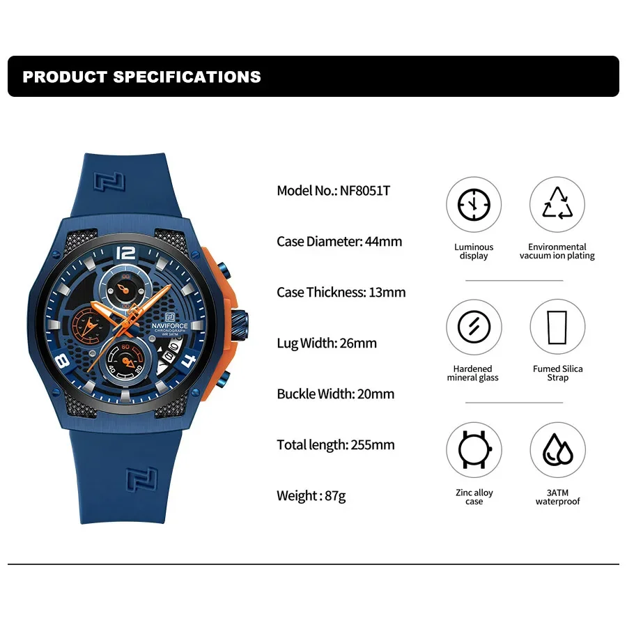 NAVIFORCE NF8051L High Quality Luxury Original Men Watch Silicone Strap Waterproof Male Quartz Wrist watch Sport Clock