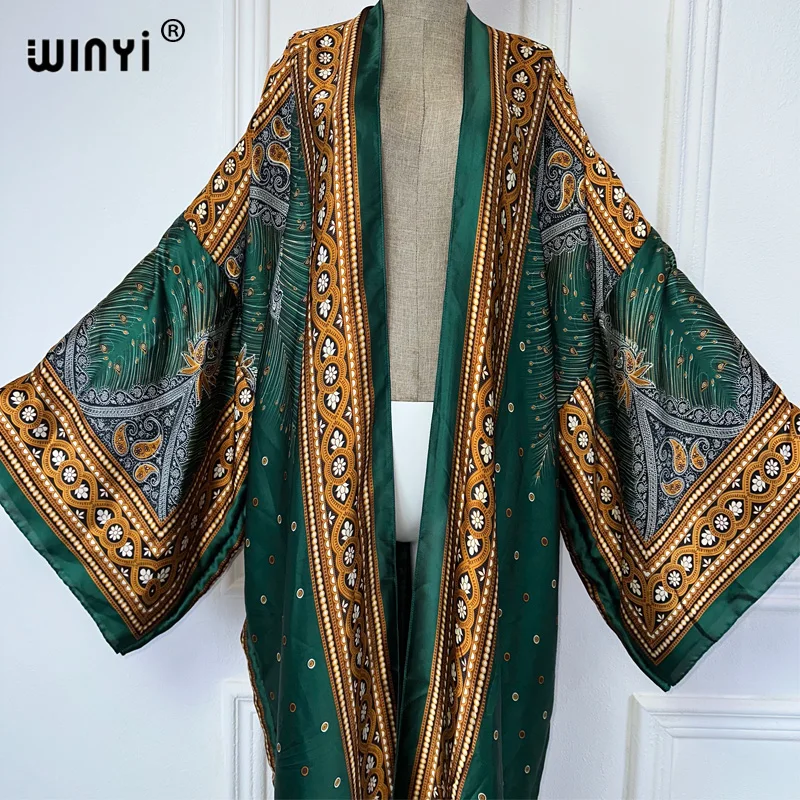 WINYI Kimono Women Summer Bohemia Print Long Sleeve Cardigan Female Blouse abaya Beachwear Cover Up boho maxi dress party kaftan