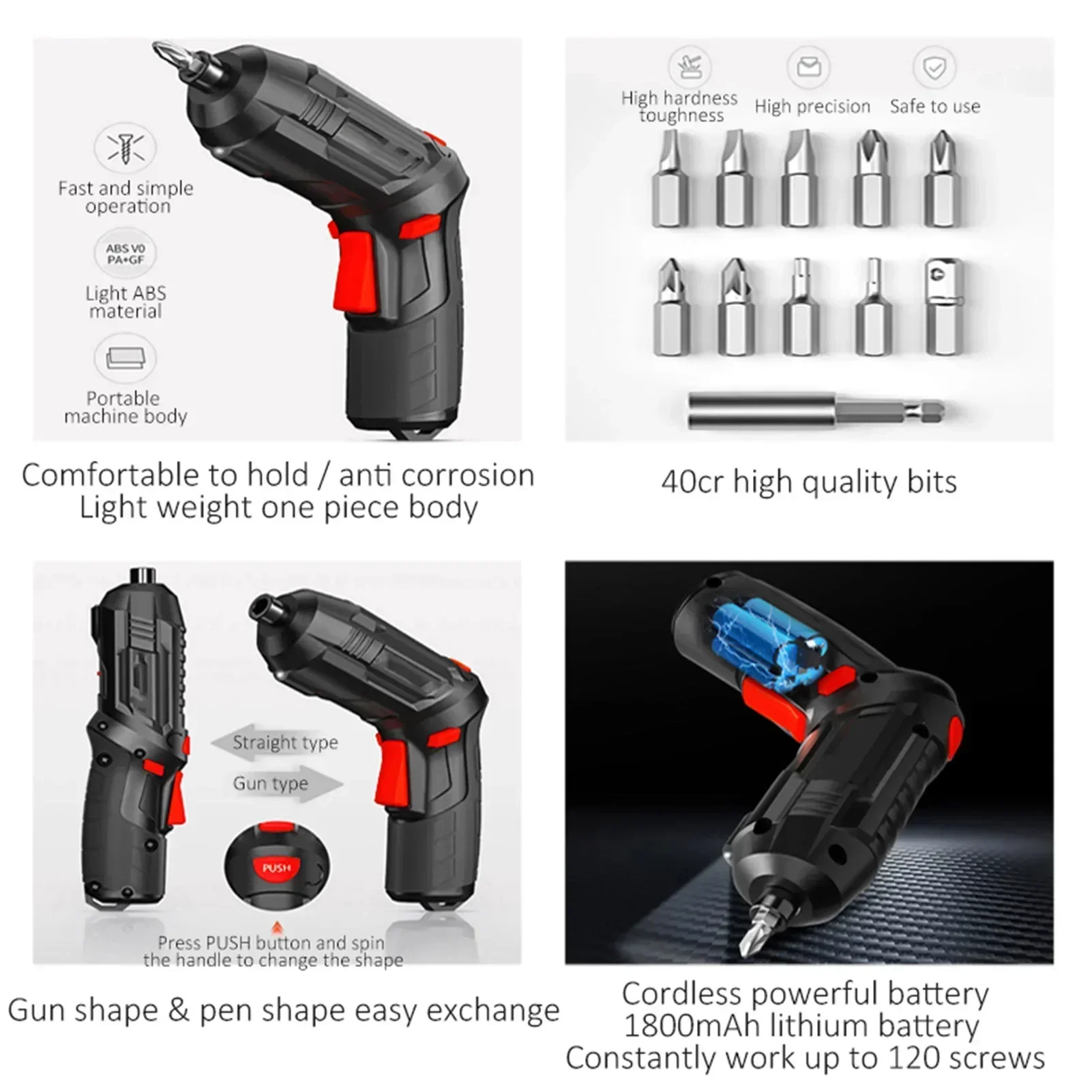 Portable Electric Screwdriver Cordless 47 in 1 Rotated 90 Degrees Rechargeable Screwdriver with LED for Home Office DIY Tools