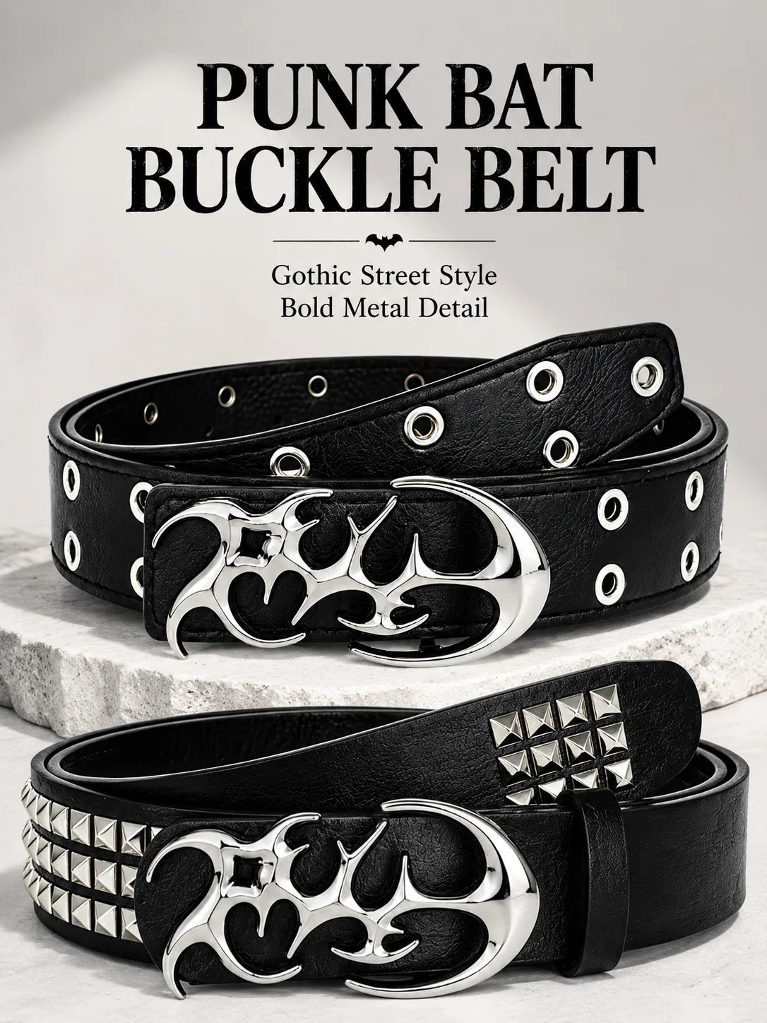 Punk Bat Buckle Belt Faux Leather Gothic Streetwear Waistband, Metal Eyelet Studded Belt for Women Men Party Festival Jeans