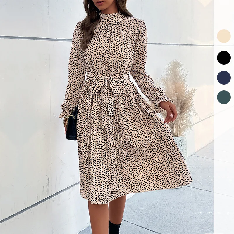 

2025 Autumn and Winter New Women's Polka Print Lace-up Ruffle Sleeve Pleated Dress Women