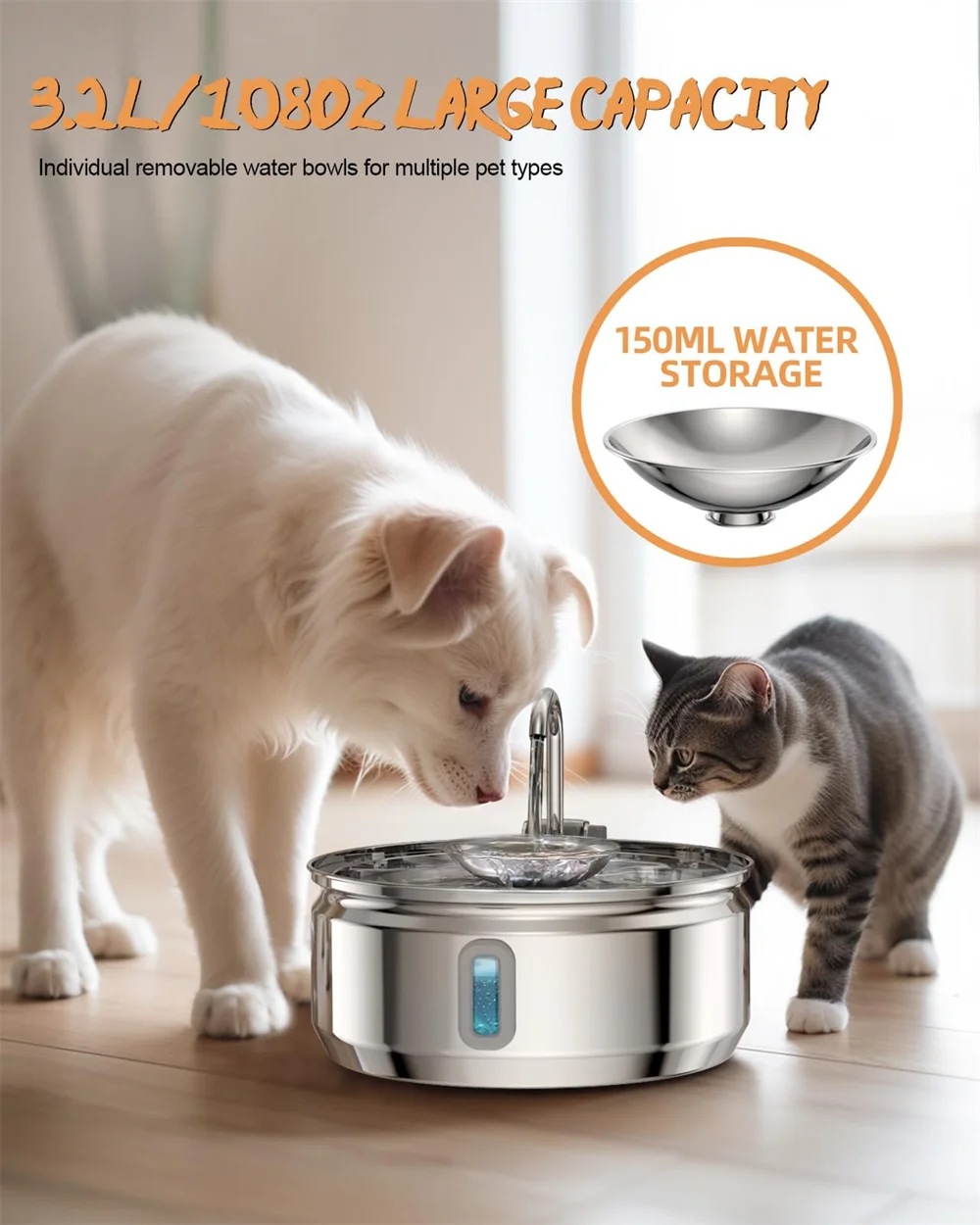 3.2L Cat Drinking Fountain Automatic Stainless Steel Pet Dogs Water Dispenser Fountain For Multiple Pets Drink Bowl Pet Product