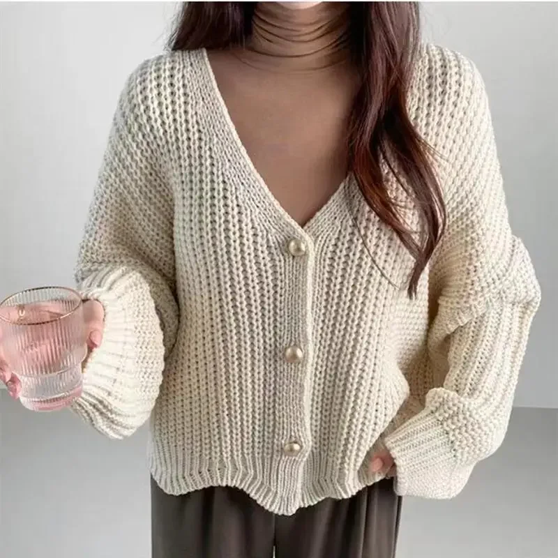 

Korean Long Sleeve Pink Short Coats Tops Autumn Winter Women Button Knitted Cardigan Casual Loose Solid V-neck Sweater Sweaters