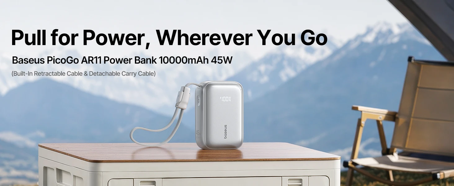 Baseus 45W Powerbank 10000mAh mit integriertem, einziehbarem USB-C-Kabel, abnehmbarem Kabel, Ladegerät 20000mAh für iPhone 18 Duo Pro Max S26 – Detail 1