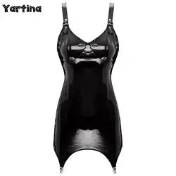 Womens Latex Bodycon Tight Mini Dress Rave Clubwear Back Zipper Glossy Patent Leather Bodycon Short Dress with Garter Clips