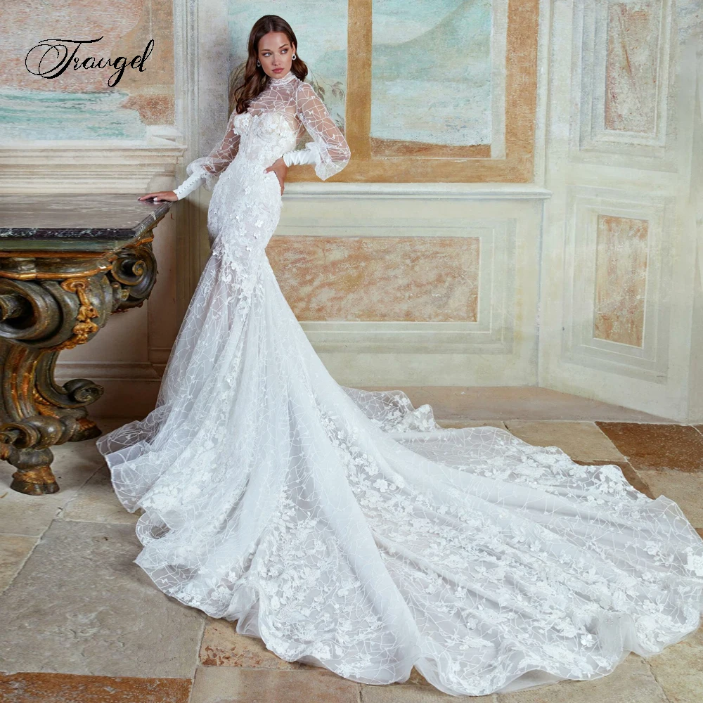 

Traugel Luxury High Neck Long Sleeve Lace Mermaid Wedding Dresses Exquisite Appliques Beaded Court Train Flowers Bridal Gown