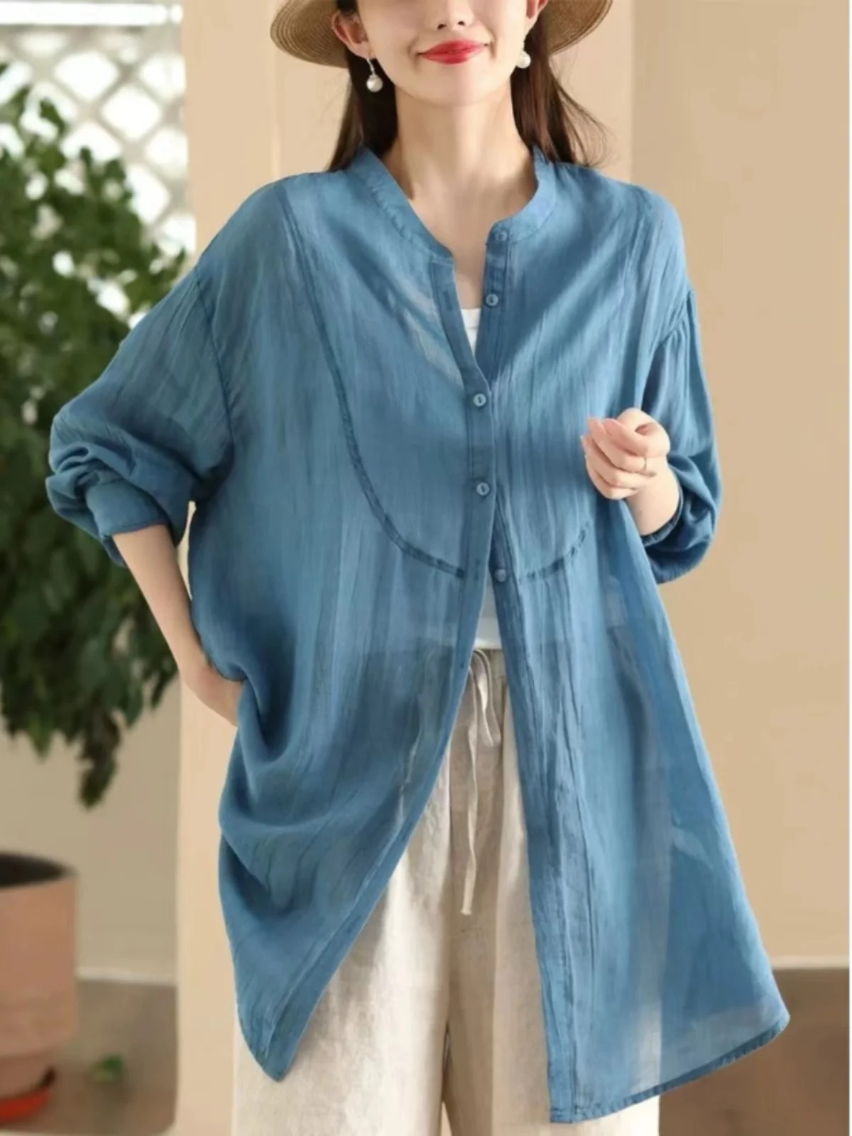 

Летняя легкая льняная защита от солнца irt Jaet Женская свободная повседневная элегантная верхняя одежда средней длины из хлопка и льна с открытым кардио...