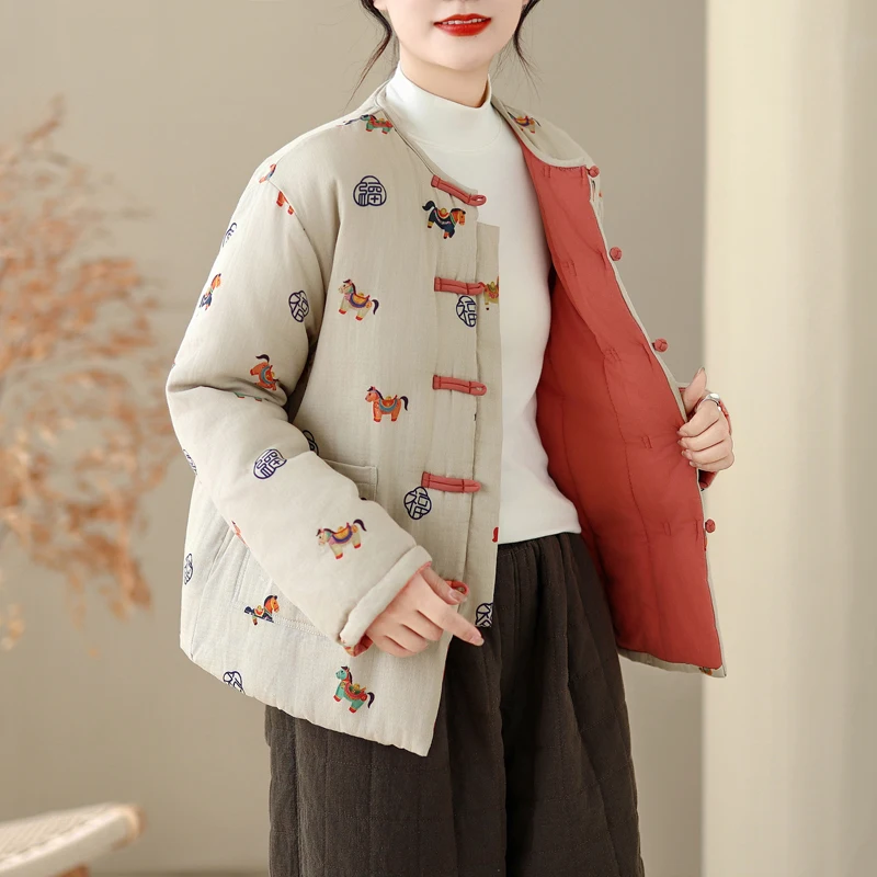 

New Chinese Sle Cotton Jaet Loose Casual Print round Ne Button up Warm Winter Coat Women's Faion Commute Wear