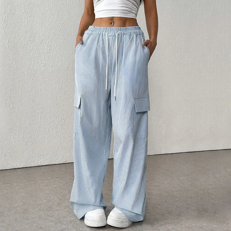 2026 Pants for Women All-match High Waist Loose Wide Legs Elastic Waist Pants Striped Ptinted Blue Working Trousers - zdjęcie 1