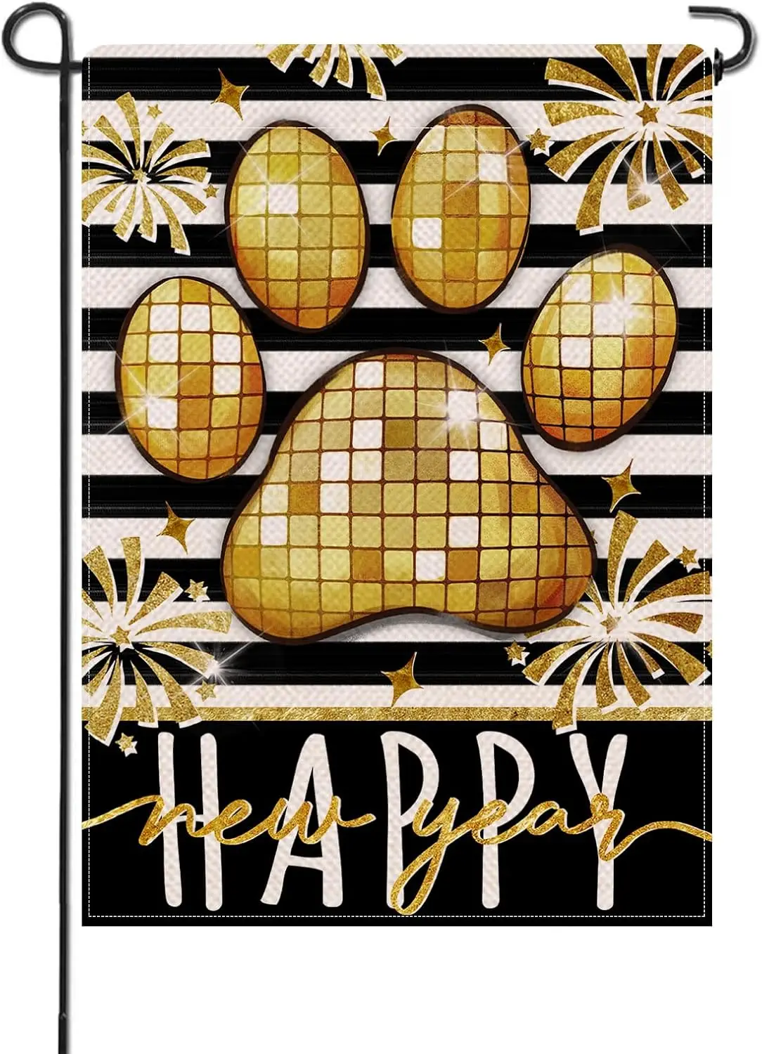 Artofy Feliz Año Nuevo 2026 Perro Gato Pata Pequeña Bandera Decorativa para Jardín, Rayas de Fuegos Artificiales con Brillo Dorado Negro Patio Césped Exterior D TTW