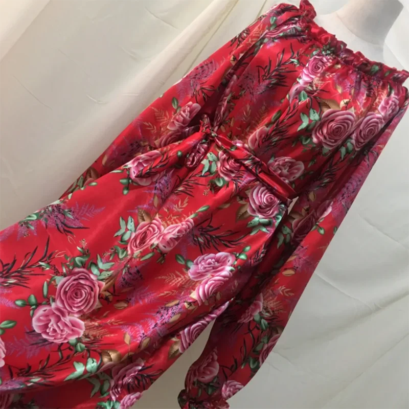 Women Ice Silk Floral Print Abaya Muslim Elegant Long Dresses African Turkey Islam Kaftan Robe Silky Touch Nightdress Maxi Dress