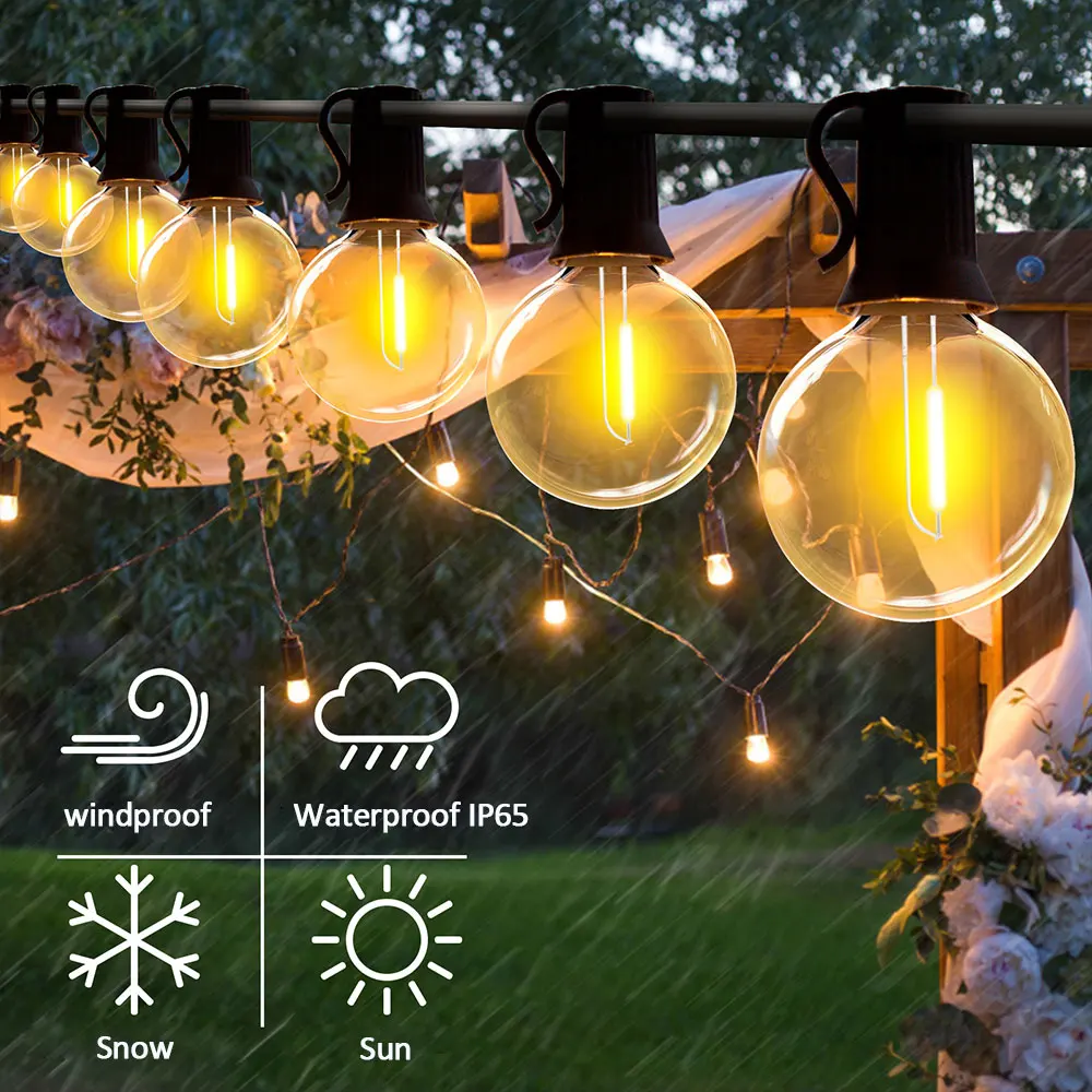 Solar String Lights Outdoor G40 Patio Lights, USB Recharger, 8 Light Modes, Shatterproof Bulbs , Weatherproof Hanging Light