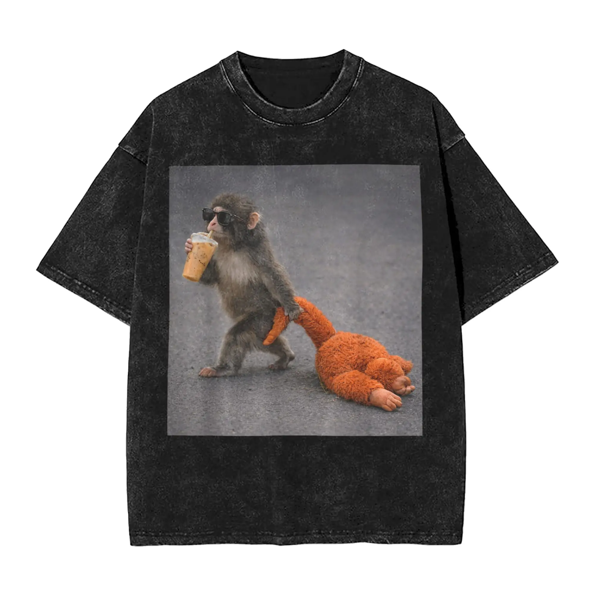Baby Monkey Punch Drinking Iced Coffee Men T Shirt Washed Funny Tee Shirt Short Sleeve Round Collar T-Shirts Cotton Gift Tops