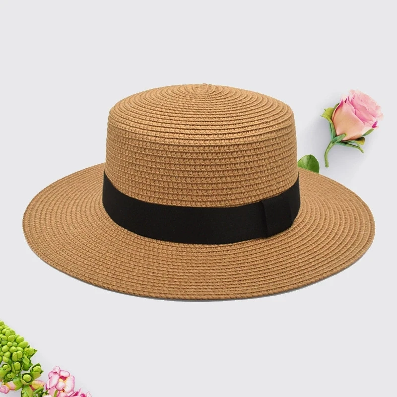 Sommer Sonnenschutz Strand Strohhut mit flacher Krempe Stroh gewebter Sonnenschutzhut Strandhut mit breiter Krempe – Detail 1