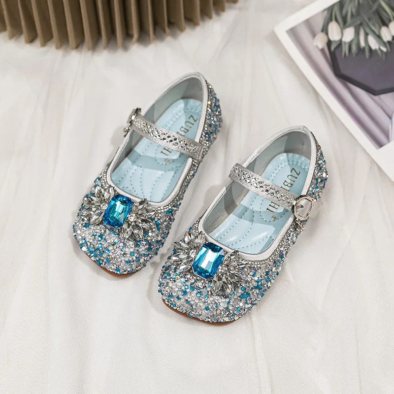 

Туфли принцессы Эльзы для девочек, нескользящие туфли на плоской подошве с кристаллами, детские туфли с иностранными кристаллами на мягкой подошве весной и осенью