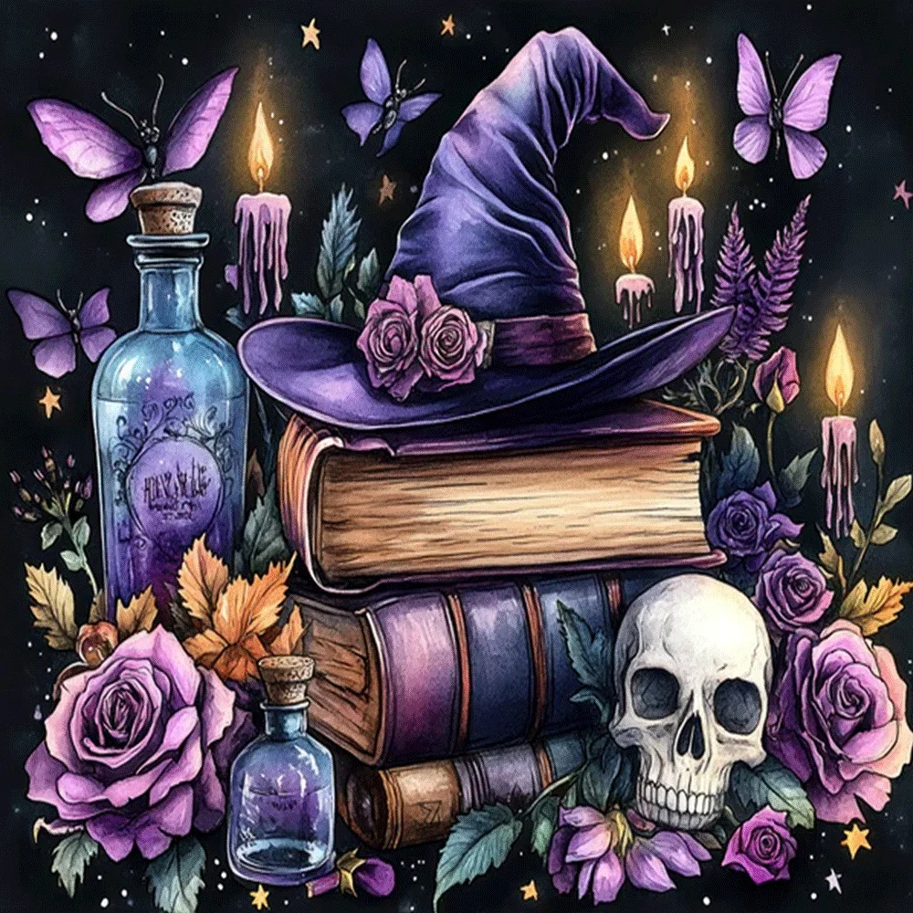 Peinture diamant mosaïque faite à la main avec des éléments de chapeau de sorcière, de crâne, de bougies et de livres, décoration d'intérieur, cadeau exquis, DIY