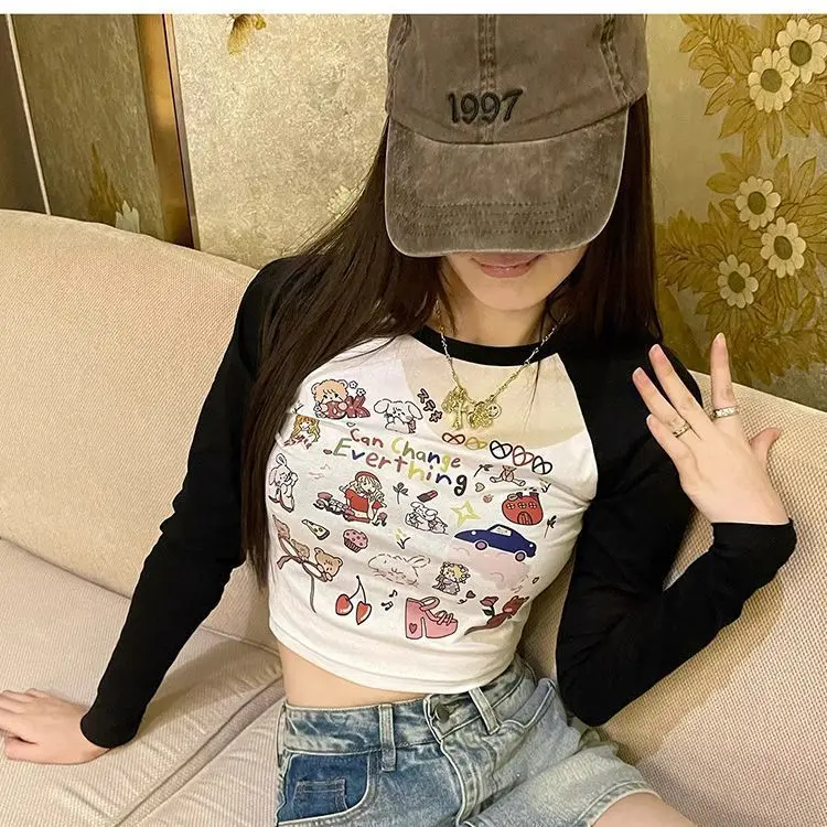 ALTGOTH Gothic Alt Slim T-shirt Women Streetwear Punk O Neck Long Sleeve O Neck Print Patchwork Crop Tee Tops 2024 Indie Clothes