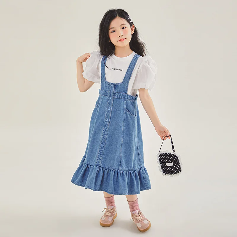 2024 Korean Summer School Girl 2PCS Clothes Set Junior Girl Bubble Sleeve Short Sleeve Tops+Denim Suspender Skirt Set For Girls