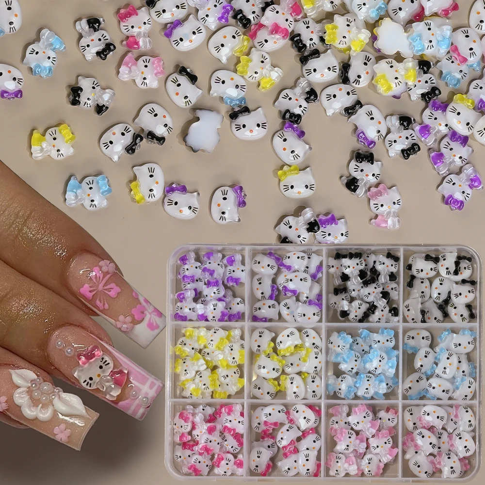 12 niñas 3D Sanrio leopardo Hello Kitty Nail Art Rhinestone mezclado leopardo Bowknot Kitty Nail Charms dibujos animados Kitty gato piezas de uñas
