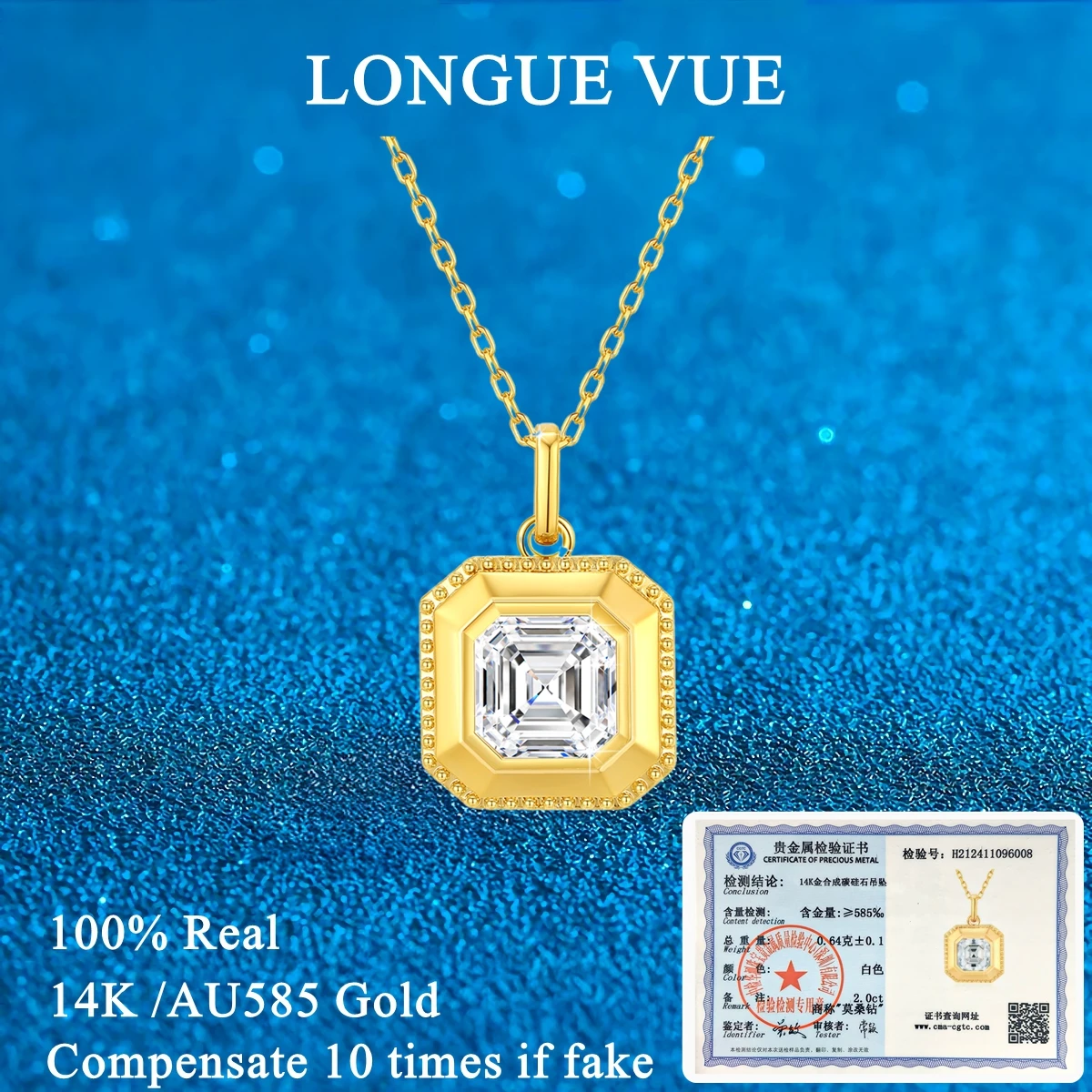 

AU585 Gold 14K D Color Asscher Cut Moissanite Diamond Square Pendant Necklace Jewelry Gifts for Women Wedding Birthday Gift
