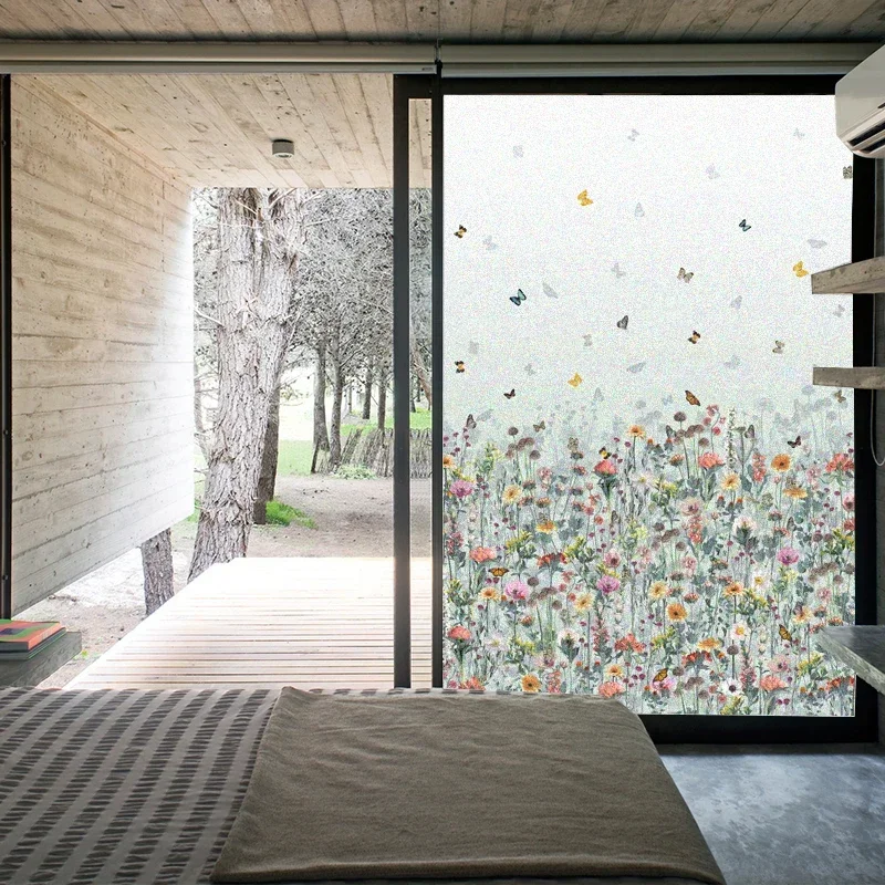 Window Privacy Film  Butterfly Flower  Decorative Glass Covering Static Cling Tint Frosted Window Stickers for Home