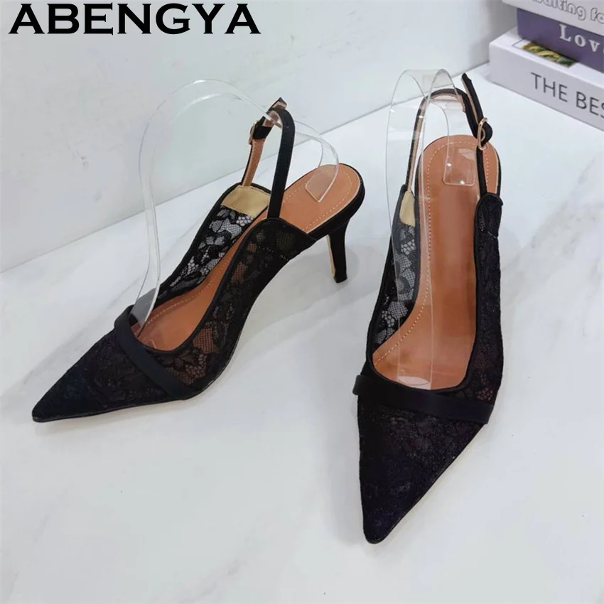 Lace Clothes Pointy Toe High Heels Sandals Women Black White Shallow Mouth Gladiator Sandals Woman Summer Sexy Dress Shoes Mujer view 6